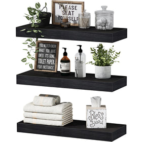 QEEIG floating shelves on bathroom wall provide space-saving storage.