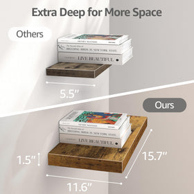 QEEIG 12x16 deep floating shelves brown closeup highlights sturdy brackets and flawless finish