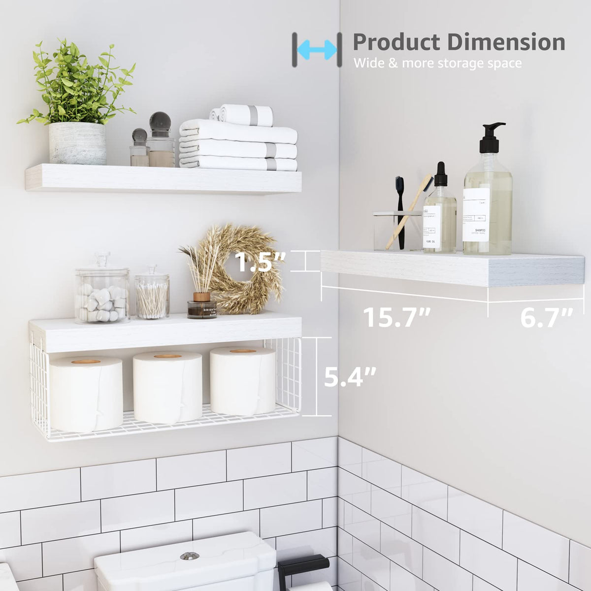 QEEIG 16-inch wide shelves maximize space in a compact bathroom.