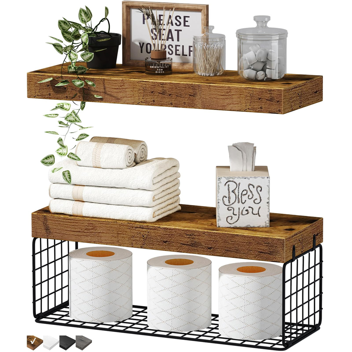 QEEIG bathroom shelves over toilet in rustic brown provide organized storage and stylish farmhouse charm.