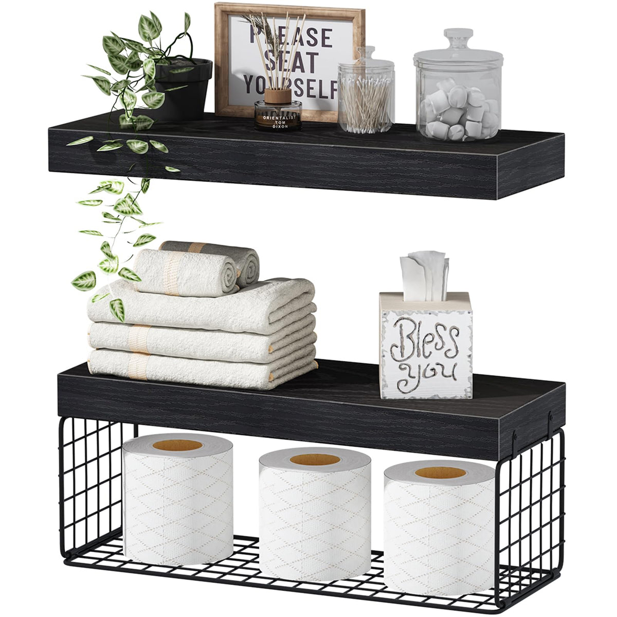 QEEIG over-toilet shelves in black with two-pack for compact storage.