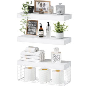 QEEIG bathroom shelves over toilet with three white units for organized storage.