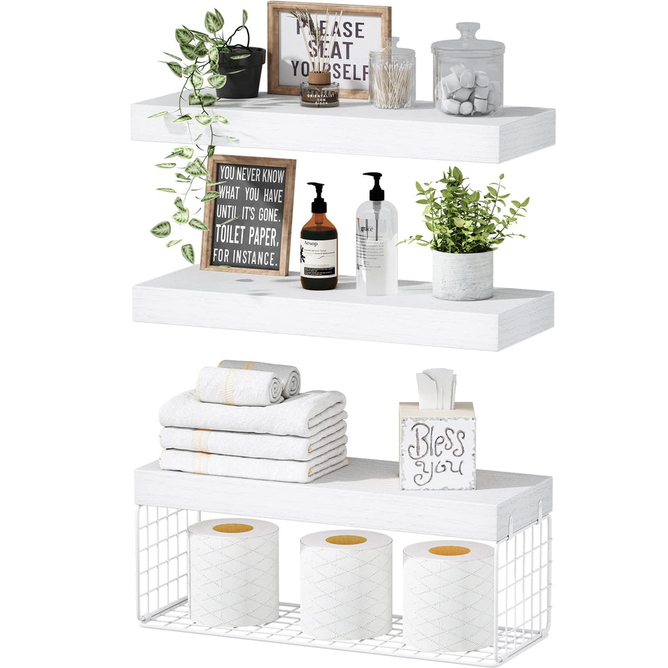 QEEIG bathroom shelves over toilet with three white units for organized storage.