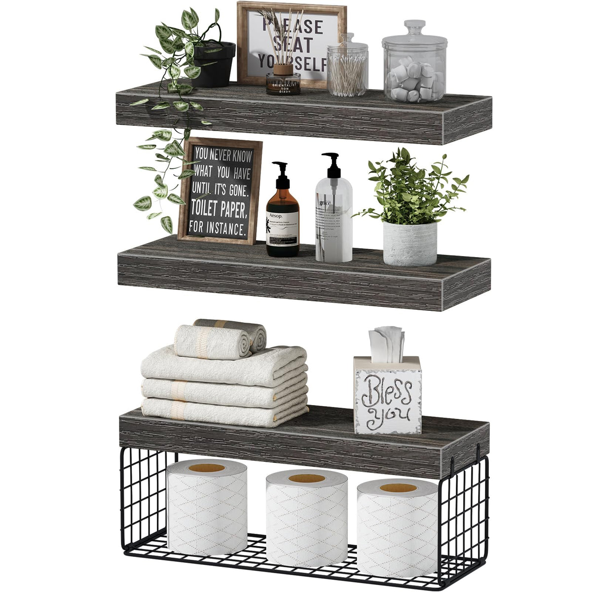 QEEIG bathroom shelves over toilet with wall-mounted three-shelf grey set for compact towel storage.