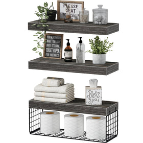 QEEIG bathroom shelves over toilet with wall-mounted three-shelf grey set for compact towel storage.