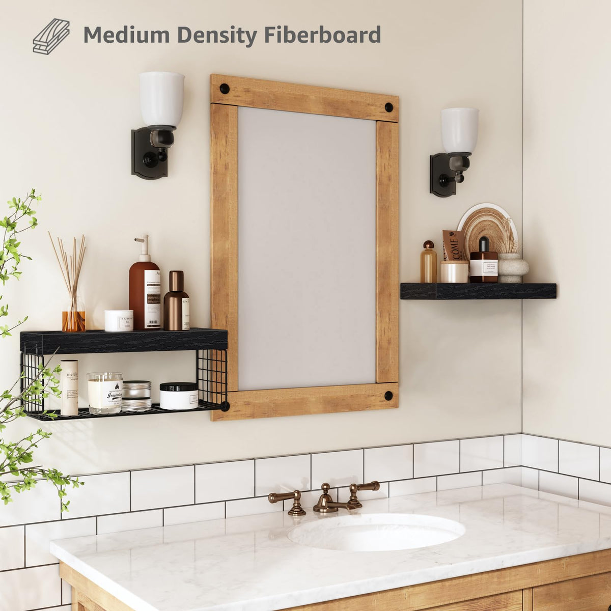 QEEIG black finish shelves add farmhouse charm and storage.