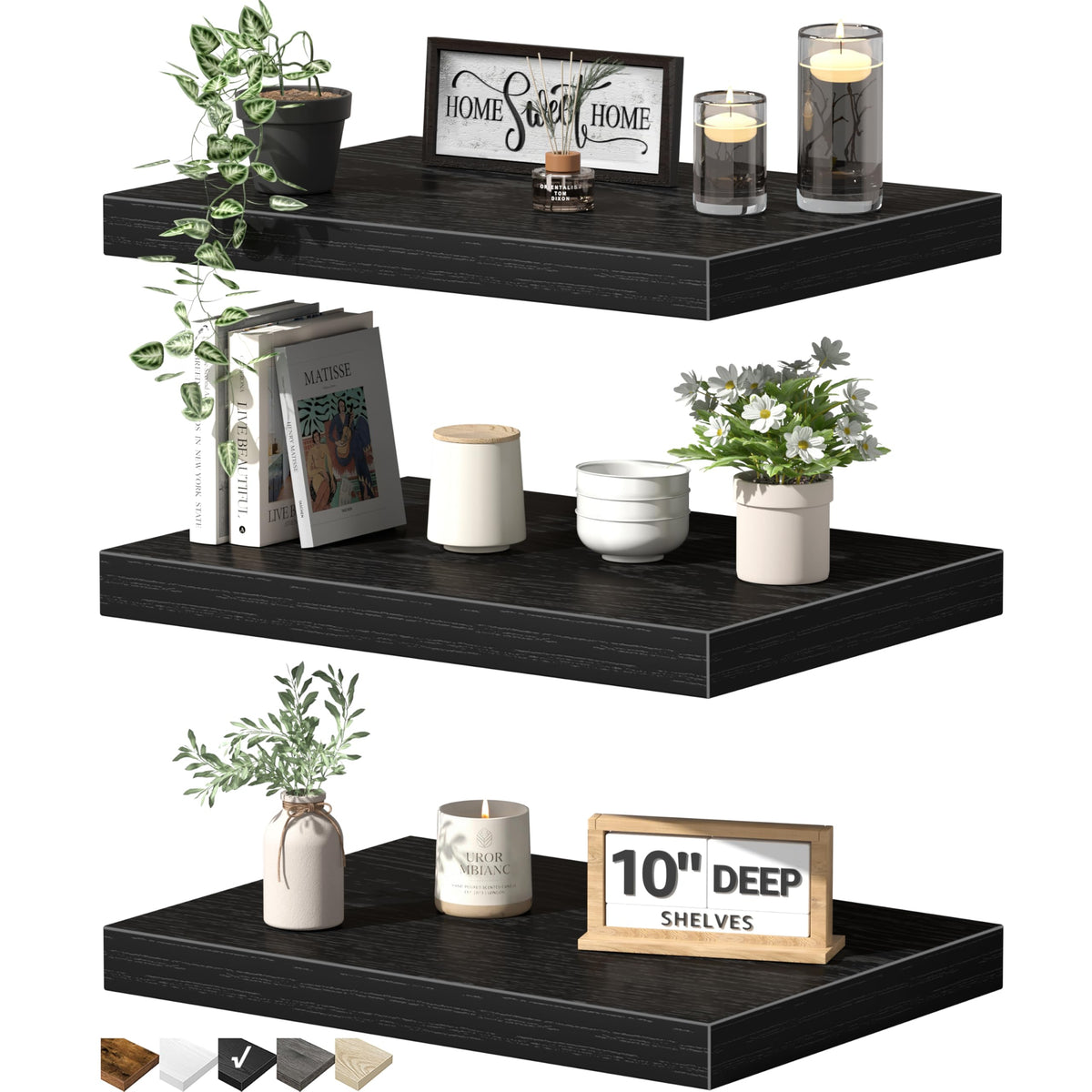 QEEIG deep floating shelf on wall with 10-inch depth for books and décor.