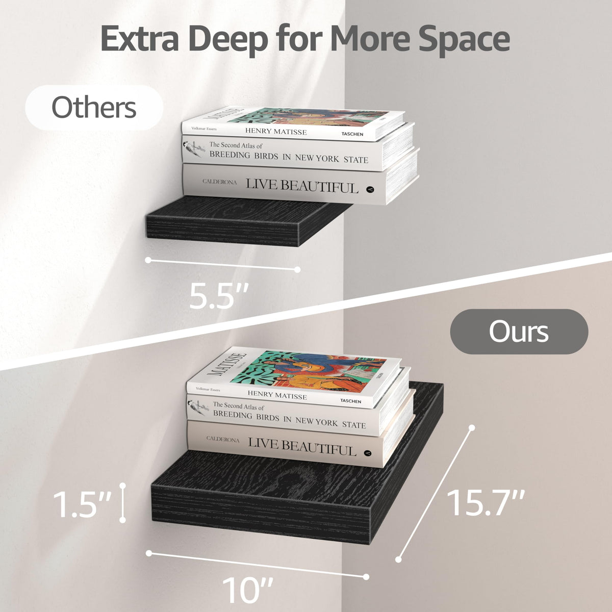 QEEIG black three-shelf set adds organized storage in small spaces.