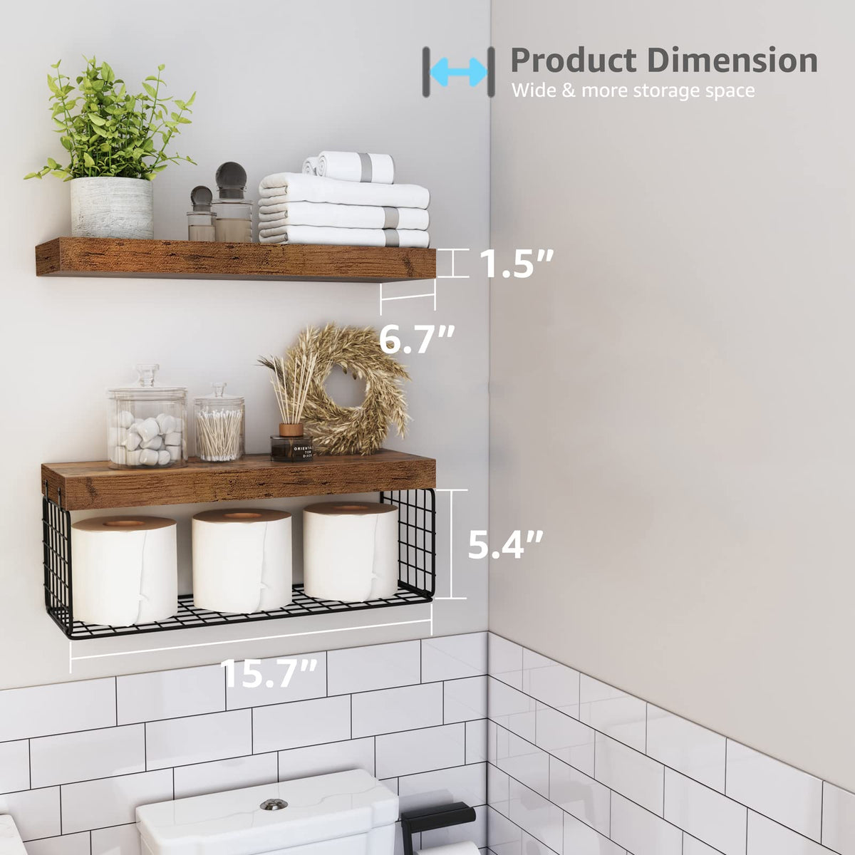 QEEIG shelves with metal basket hold toilet paper rolls neatly.