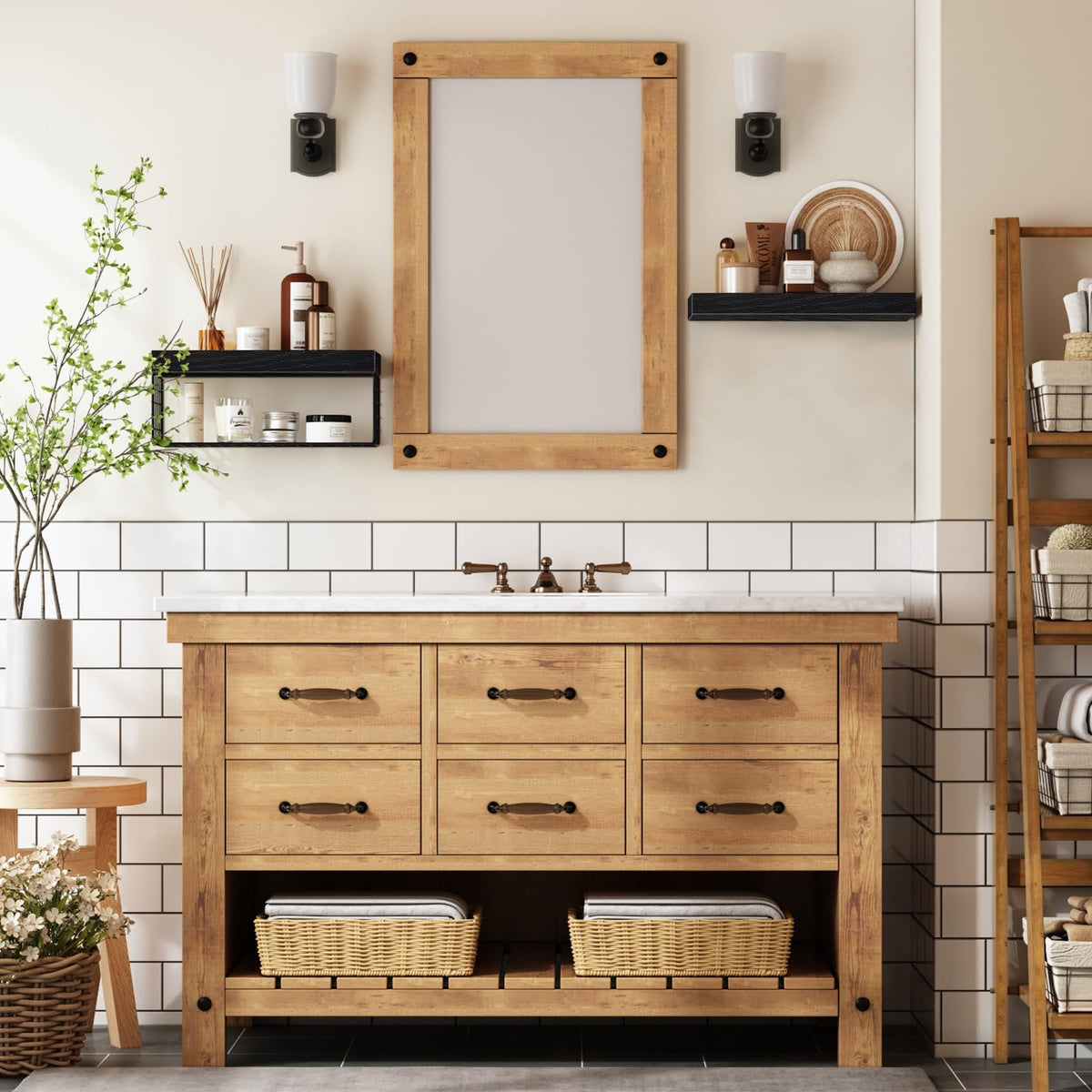 QEEIG two-shelf set organizes towels, plants, and decor.
