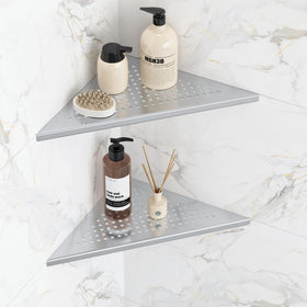 Qeke corner shelf 10-inch brushed nickel close-up showing durable stainless steel for wet bathrooms.