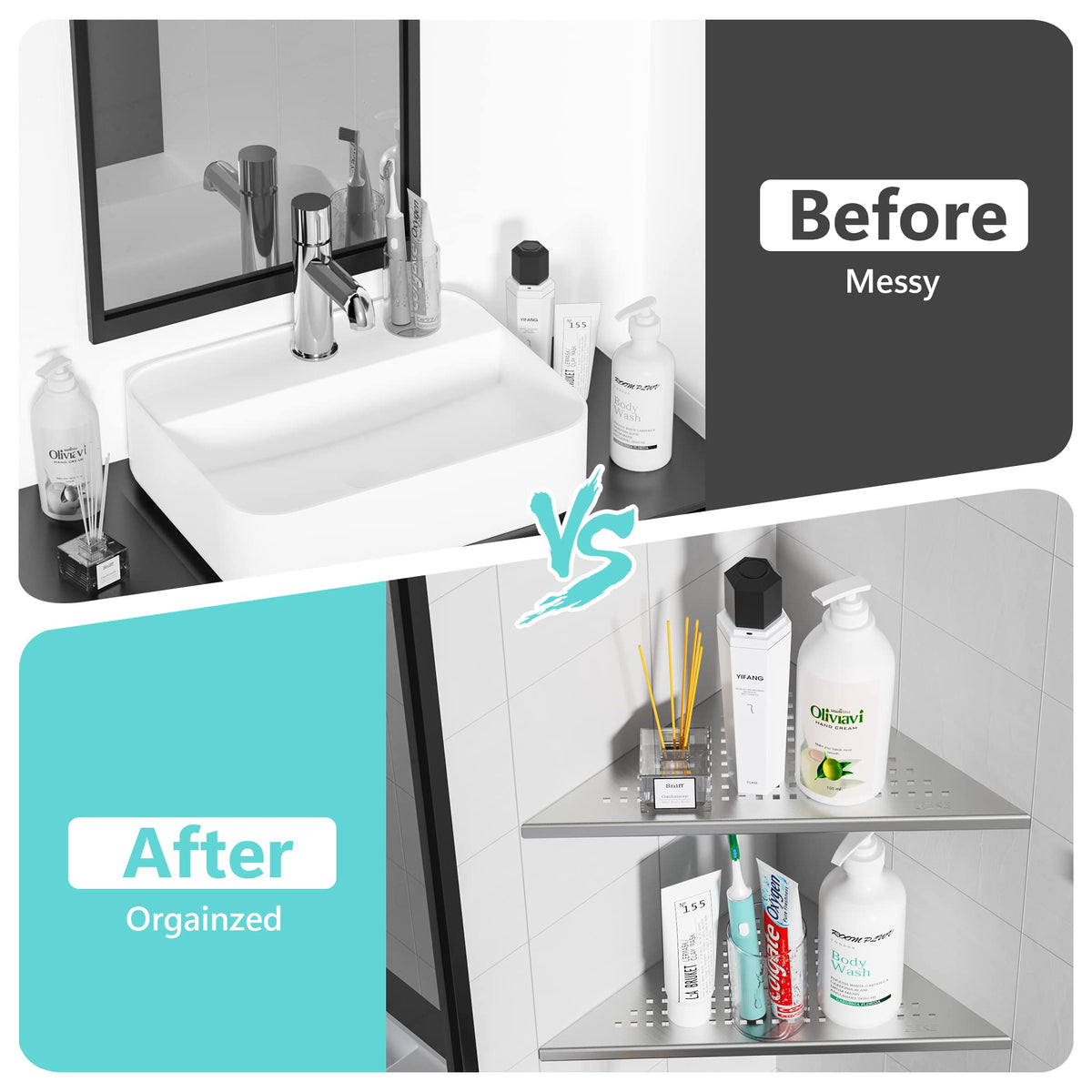 Qeke open shelves in shower boost easy access to shampoos and soaps.