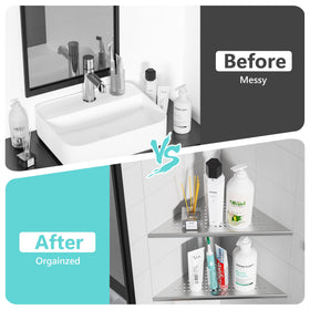 Qeke open shelves in shower boost easy access to shampoos and soaps.