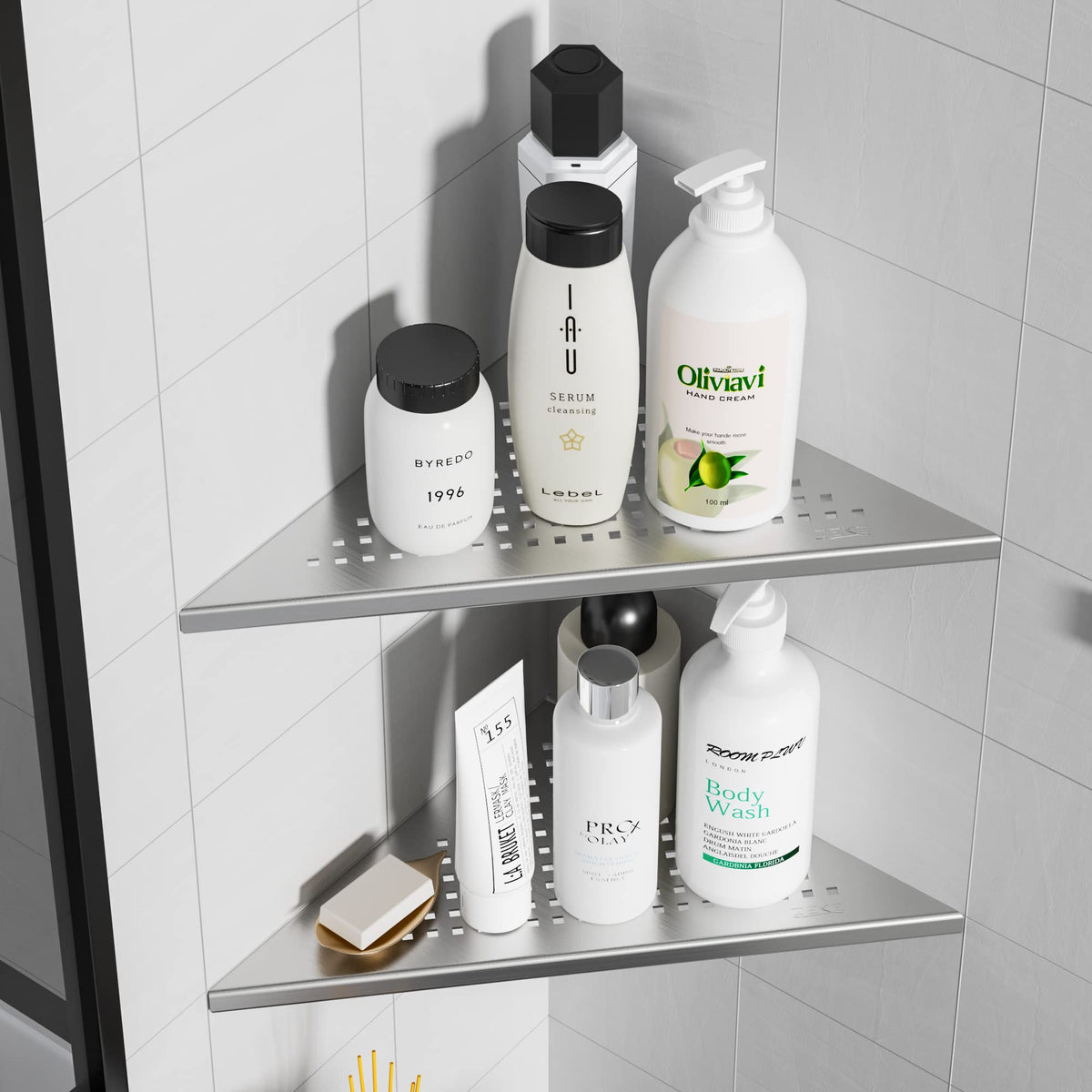 Qeke space-saving corner design maximizes storage without clutter.