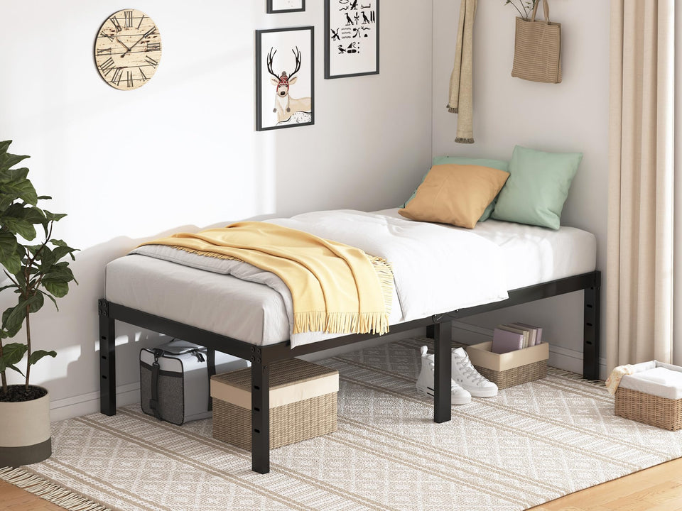QEROMY twin bed frame shows a sturdy steel structure ideal for daily use.