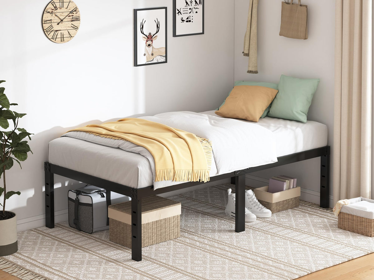 QEROMY Twin XL bed frame during assembly, showcasing quick setup and sturdy foundation