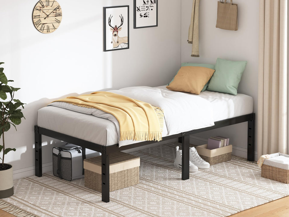 QEROMY Twin XL bed frame during assembly, showcasing quick setup and sturdy foundation