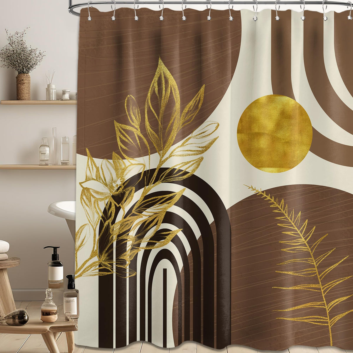 QGHOT mid-century shower curtain in black and brown with decorative focal piece.
