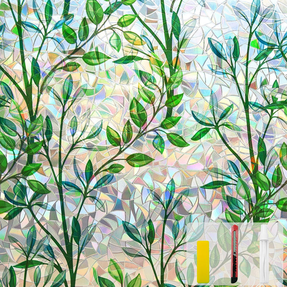 QHYsunshine Leaf Rainbow Window Film with leafy pattern and sunlit rainbow.