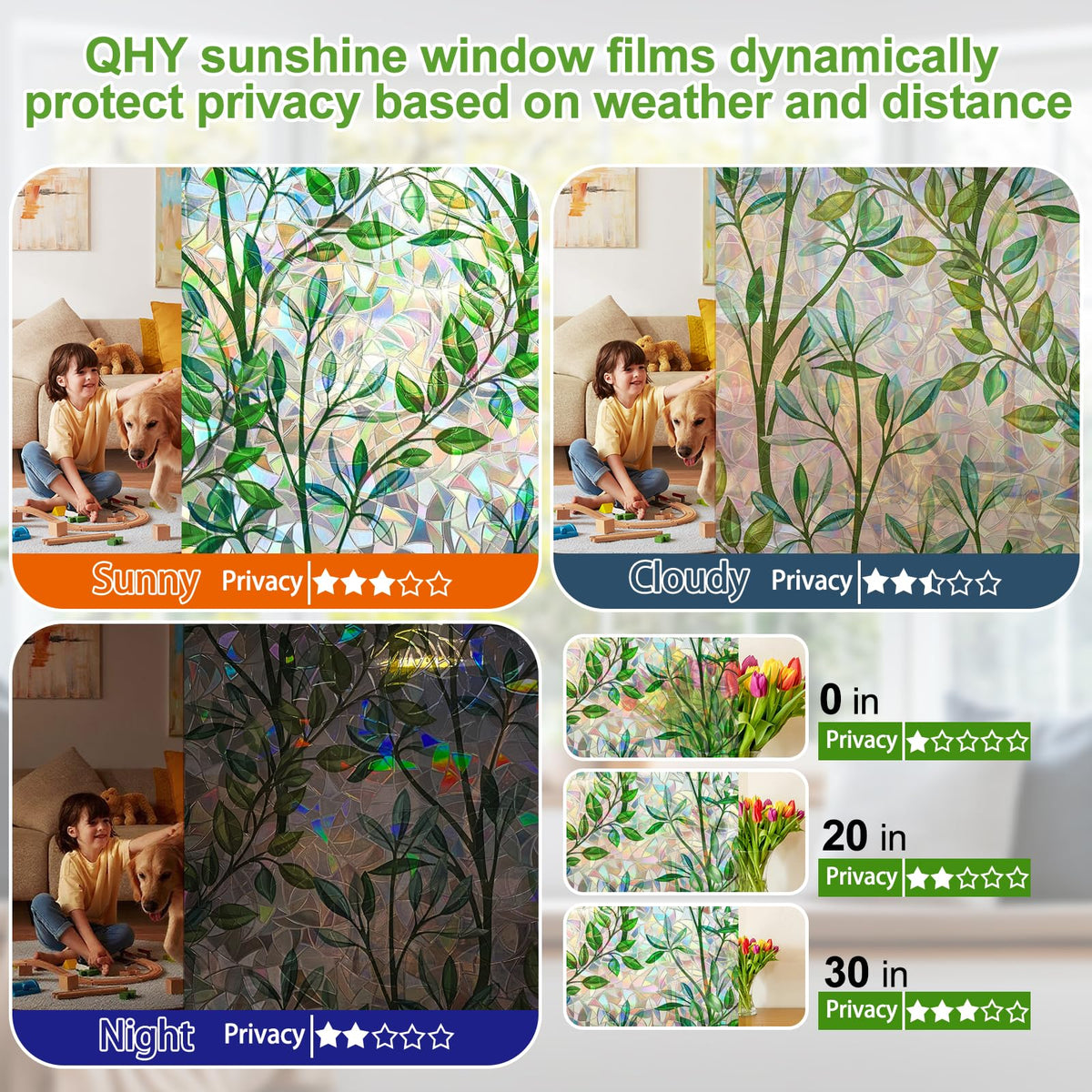 QHYsunshine Privacy Glass Film maintains light while obscuring views.
