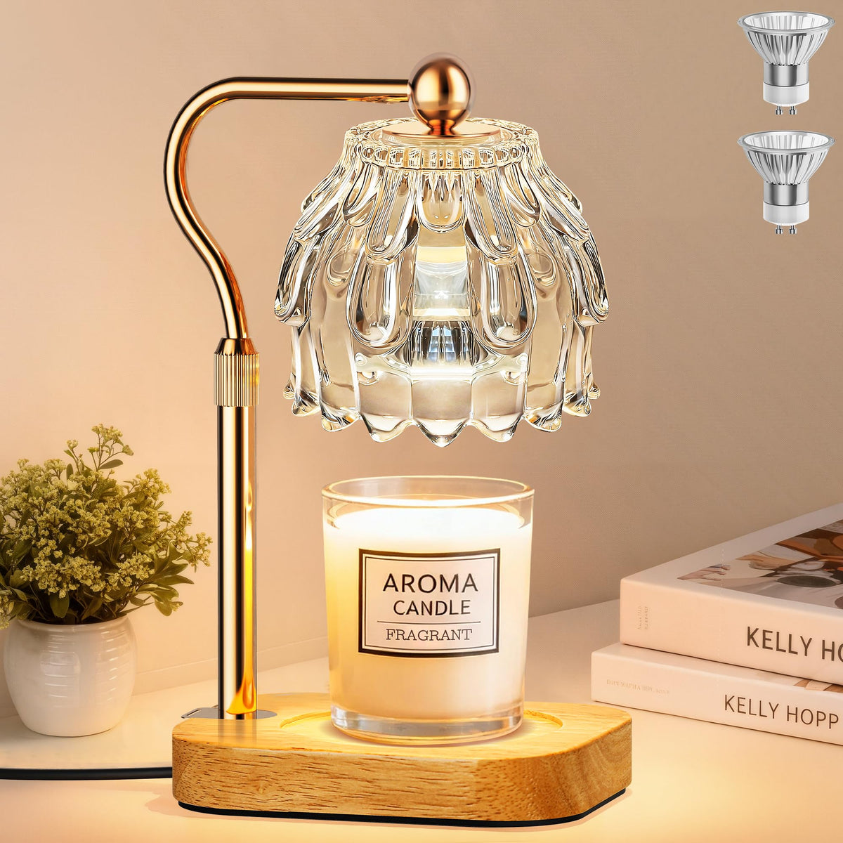 QiMH candle warmer lamp on wooden base creates warm, flame-free ambiance