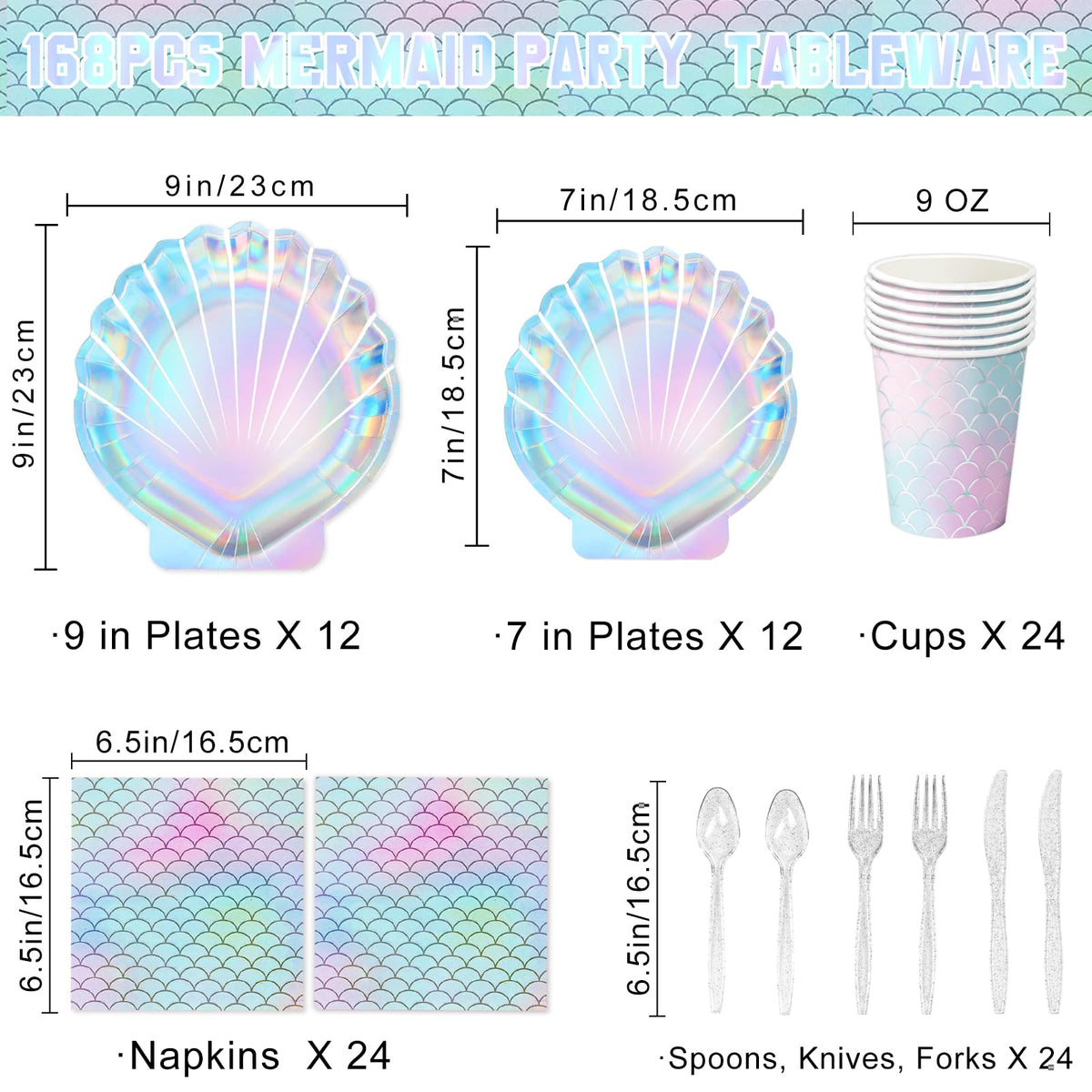 QIYANPAX Mermaid 7-inch plates with shell-inspired design for desserts and treats.
