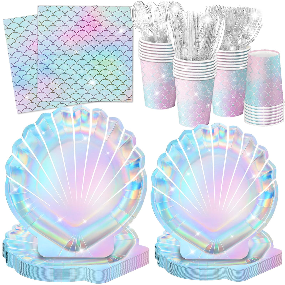 QIYANPAX Mermaid 9-inch plates with holographic sheen for a dazzling mermaid party tablescape.