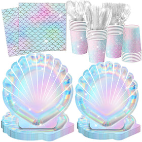 QIYANPAX Mermaid 9-inch plates with holographic sheen for a dazzling mermaid party tablescape.