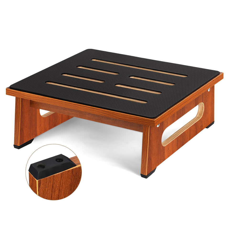 QIANBAIYI step stool with non-slip surface offering secure footing on brown wood
