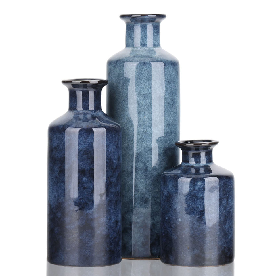 QIANLING blue ceramic vase set side view showing refined rustic centerpiece