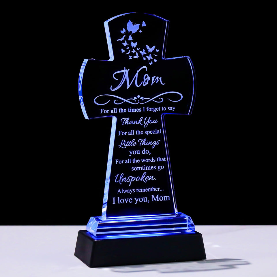Qianwei crystal cross for mom on an LED base with color options for display