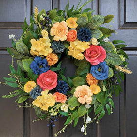 Qiexuxing summer wreath with roses and hydrangeas for vibrant front-door curb appeal.