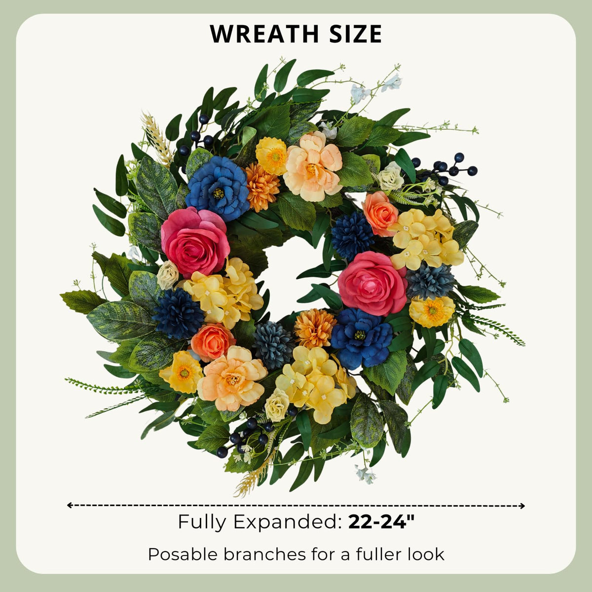 Qiexuxing 22–24 inch wreath arrives folded; easy to fluff and hang.
