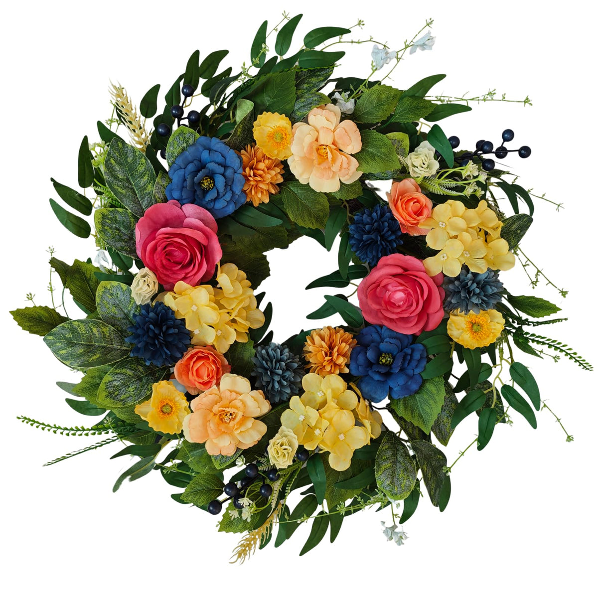 Qiexuxing roses and hydrangeas wreath provides year-round charm for home exteriors.