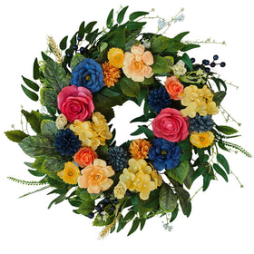Qiexuxing roses and hydrangeas wreath provides year-round charm for home exteriors.
