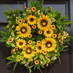Qiexuxing Sunflower Wreath on front door boosts spring curb appeal.