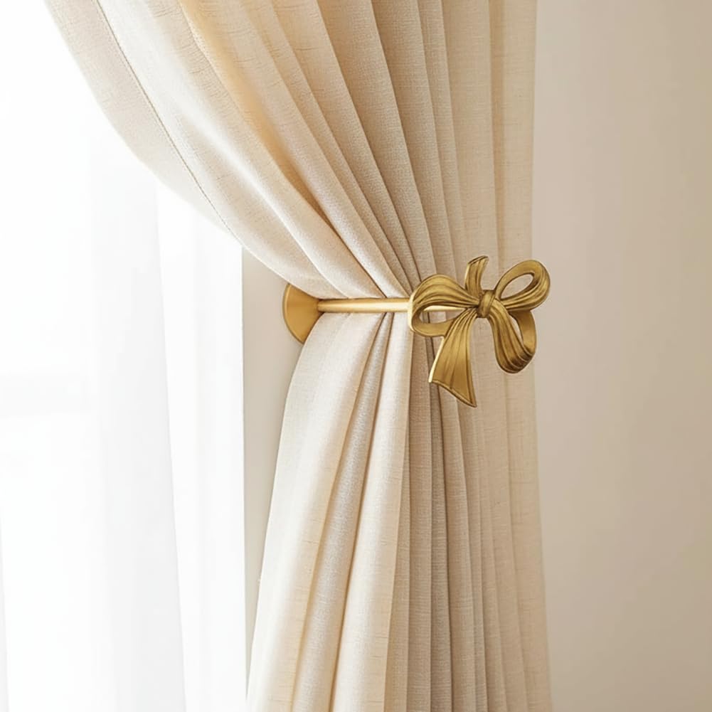 QIIODATD brass curtain holdbacks bow pack: elegant wall décor and functional drapery support.
