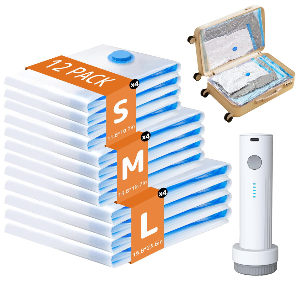 QIJIAYI travel vacuum bags 12-pack for organized packing and space savings.