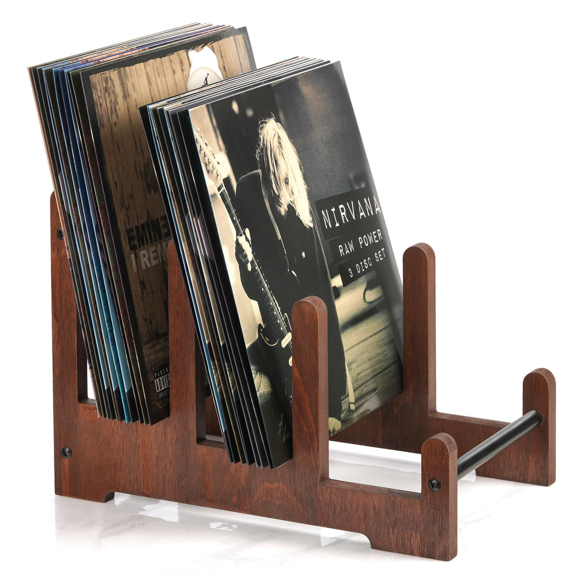 QILICHZ three-tier records holder in rustic wood finish displaying vinyl records.