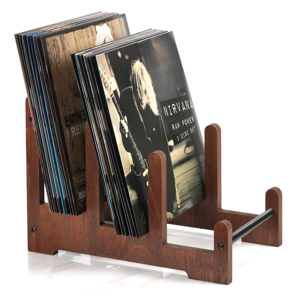 QILICHZ three-tier records holder in rustic wood finish displaying vinyl records.