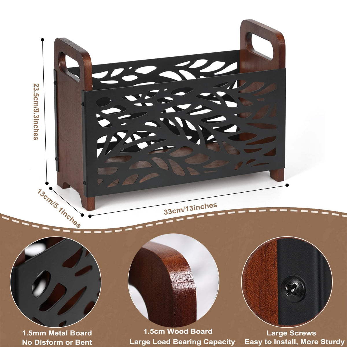 QILICHZ solid oak and metal construction offers sturdy, durable floor storage.