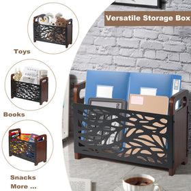 QILICHZ wood magazine rack shows hollow flower cutouts for fast identification of magazines.