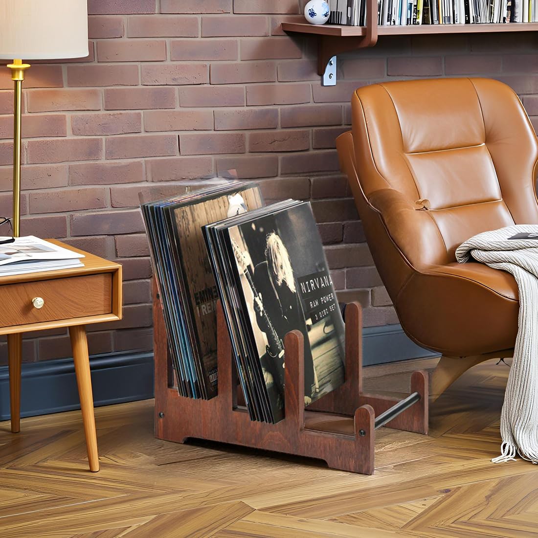 QILICHZ wood vinyl rack showing durable storage with 60-LP capacity.