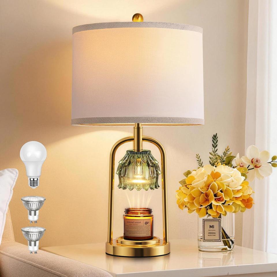 QiMH candle warmer lamp in brushed gold adds warm ambience to any space.