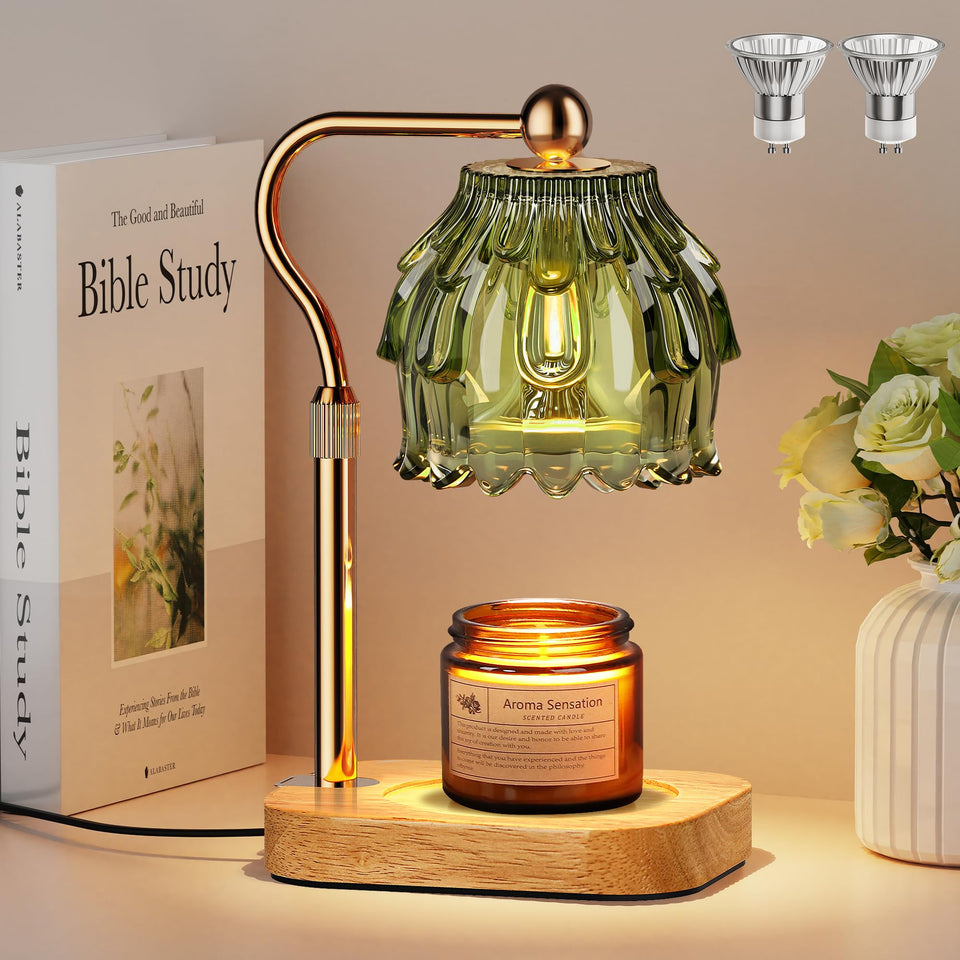 QiMH candle warmer lamp with gold base creates a warm, safe ambiance