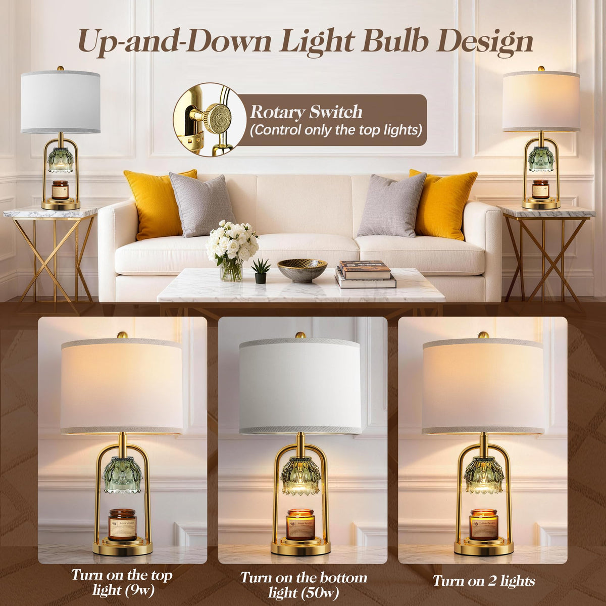 QiMH candle warmer lamp with green glass shade releases subtle fragrance.
