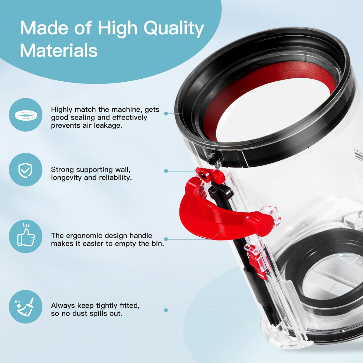 QINAN dust bin with wider pull plate for easier dumping.