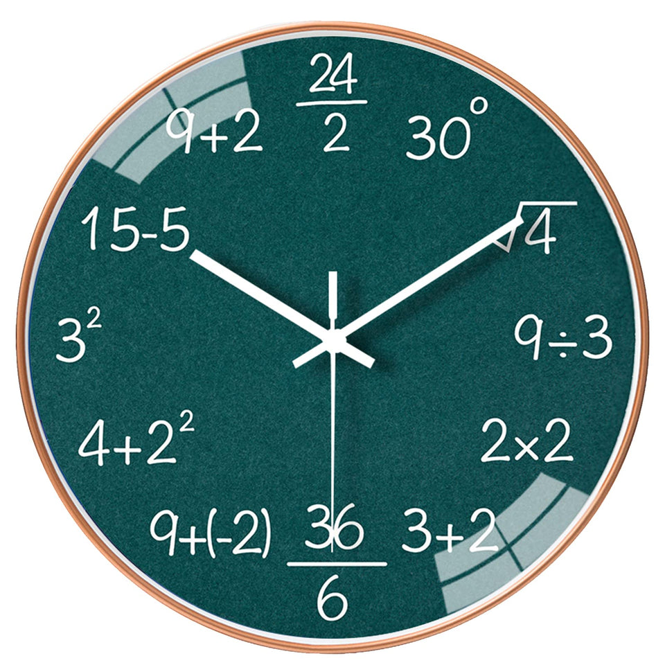 QINFIEY 12-Inch Math Clock front view in green for classroom decor.