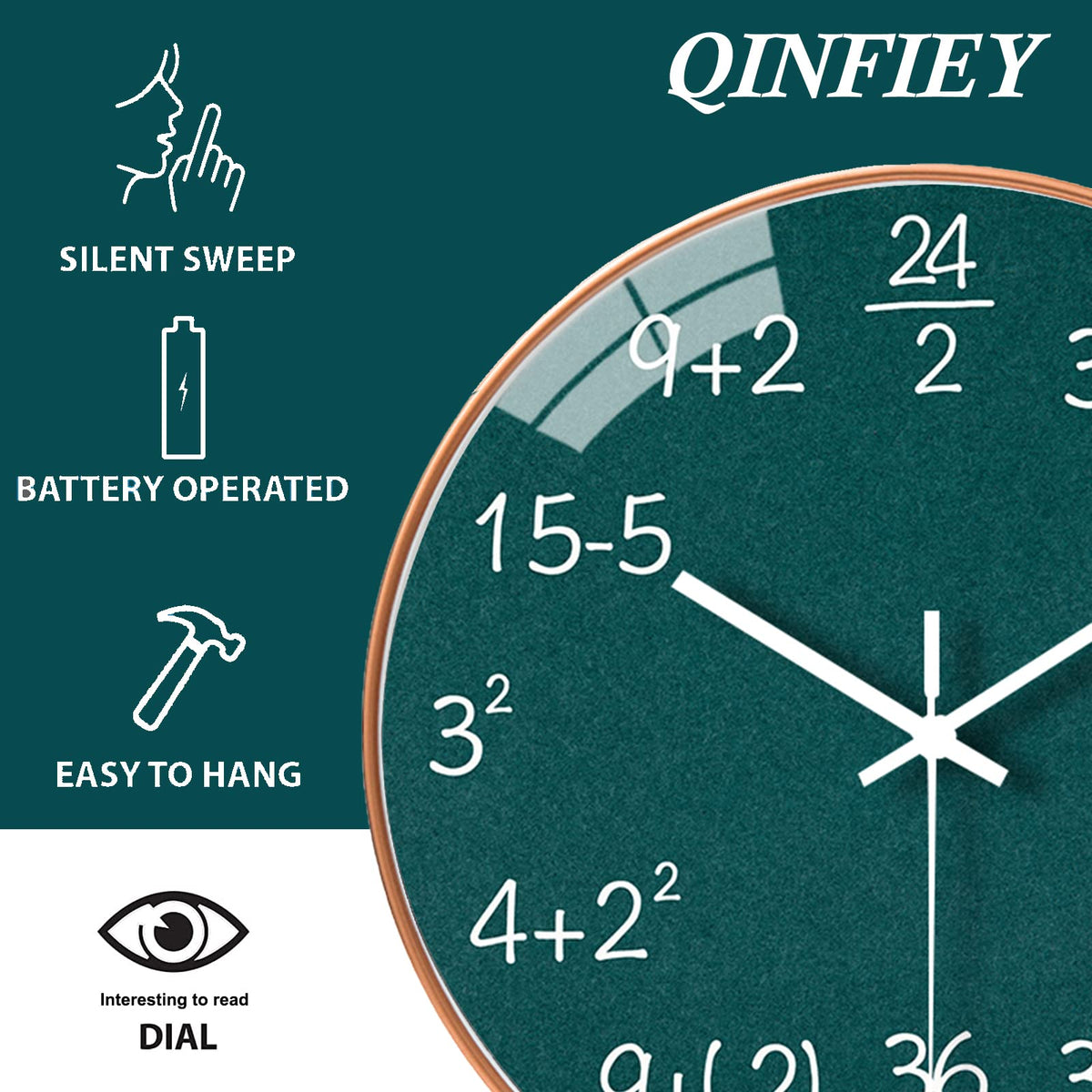 QINFIEY 12-Inch math clock silent sweep for quiet spaces.