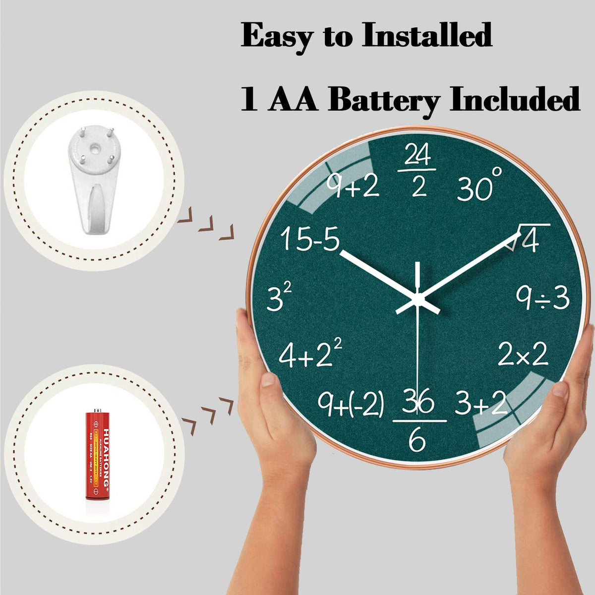 QINFIEY 12-Inch math clock wall-hanging slot for easy setup.